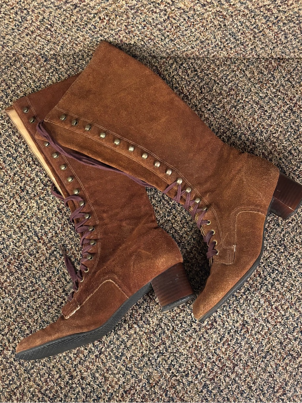 Vintage mid-century 1970s style knee-high brown suede boots